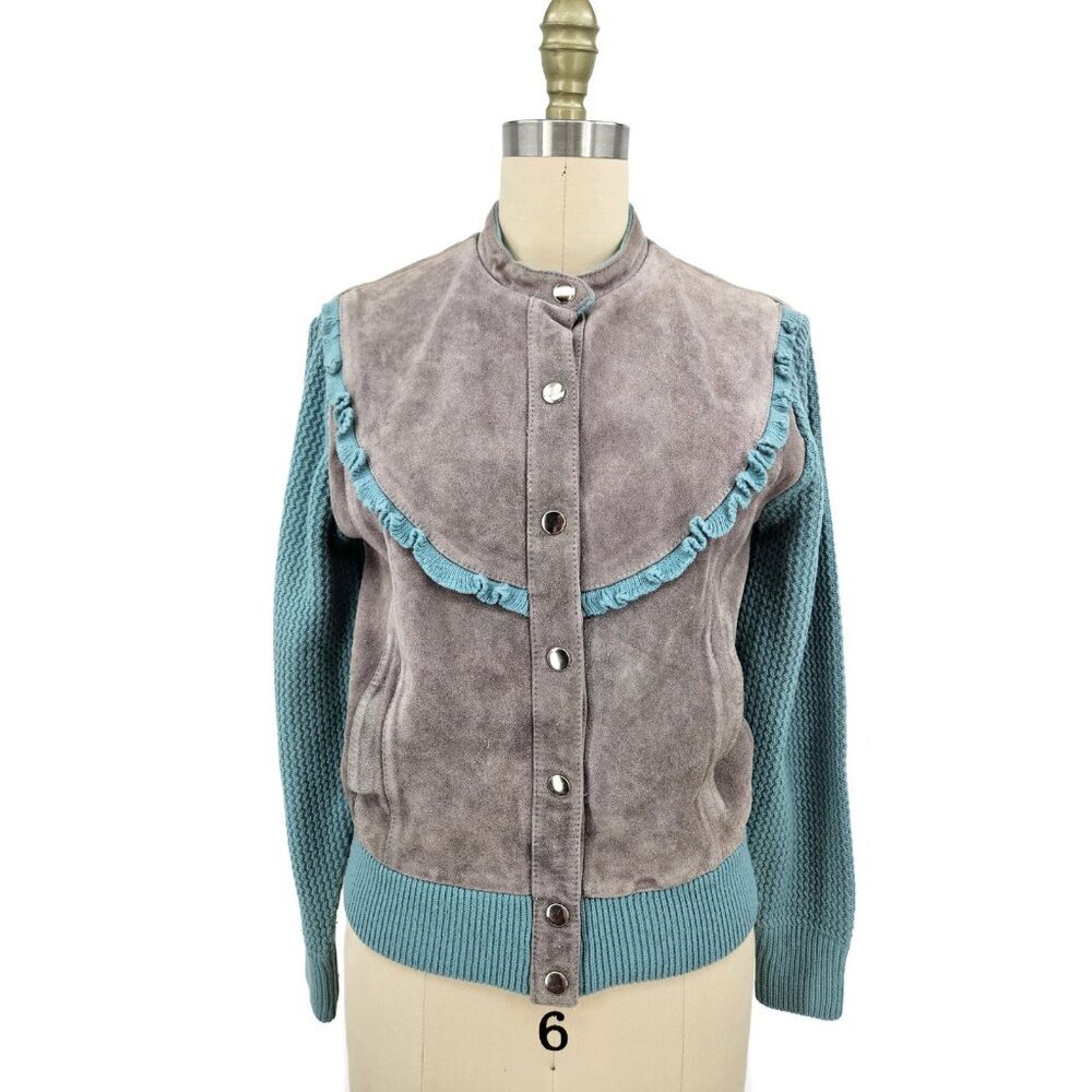 VTG Sheplers Leather Suede Knit Jacket Womens S Grey Ruffle Korea - Picture 2 of 9